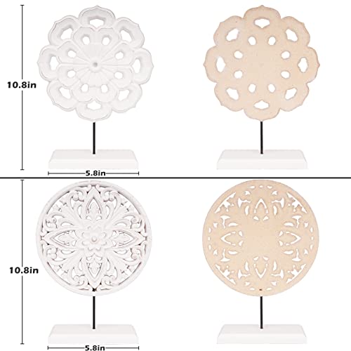 AXEARTE 2 Pack Wooden Carved Cutout Flower Medallion Sculpture, Rustic Distressed White MDF Statues Home Tabletop Decor, Decorative Ornaments for Living Room, Bedroom, Office Desktop, Cabinets