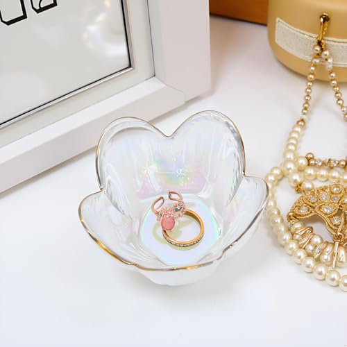 Rainbow Flower Ring Dish Jewelry Tray, Small Glass Trinket Tray for Rings Earrings, Present for Wife Mom Daughter Women - color: crystal rainbow color