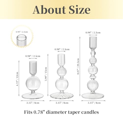 Hewory Glass Candlestick Holders Set: 3PCS Clear Candle Holder Taper Candle Holders Bulk, Crystal Ribbed Candle Sticks Holder Decor for Table Centerpiece Wedding Christmas Thanksgiving Dinner - color: Clear