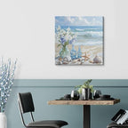 Blue Beach Canvas Wall Art Coastal Floral Vase Wall Decor Picture Ocean Theme Seascape Starfish Conch Poster Print for Bathroom Bedroom Living Room Office Decoration 12x12in - size: 12"L x 12"W