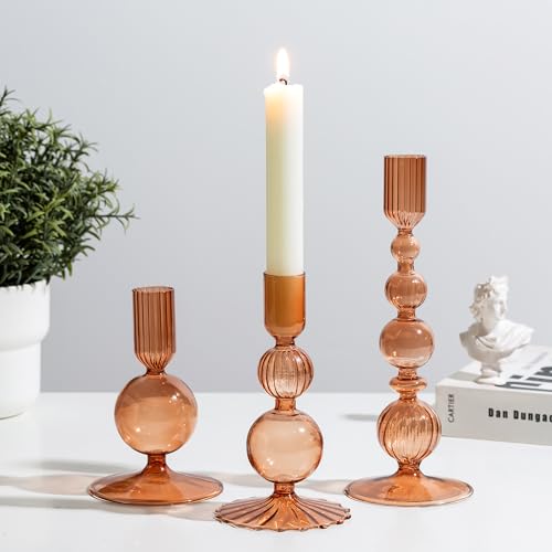 Glasseam Candle Sticks Holder Decor: Amber Glass Candle Holders Set of 3 Modern CandleHolders for Taper Candlesticks Unique Fall Candle Holders for Halloween Centerpiece Table Decor Thanksgiving - color: Brown