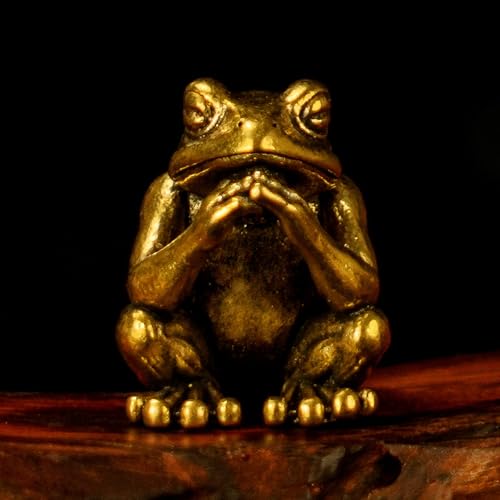 100% Solid Brass Meditating Frog Statue - Retro Desktop Decor Collectible Figurines for Oddities and Curiosities Unique Desk Ornament and Home Decor Art Piece Vintage Crafts for Office or Living Space - color: Pensive Frog