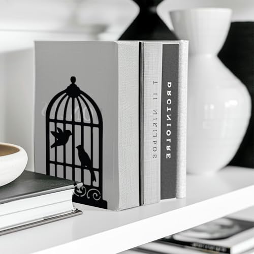 Peacoblue Metal Bookends for Shelves, Modern Decorative Heavy Duty Study Book Support Stoppers for Office, Desk, Shelf, Room 5.3"x4.3"x7.9" Cast Iron Simple Tall Bookends, 1 Pair (Birdcage and Bird) - color: Birdcage and Bird