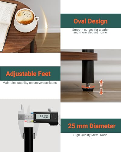 Round Pedestal End Table - 3-Tier Oval Accent Table for Small Spaces, Rustic Wood and Metal Couch Side Table, Nightstand for Bedroom or End Table Living Room, Easy to Assemble, Rustic Walnut - color: Rustic Walnut, size: 1-Pack, style: Without Power Outle