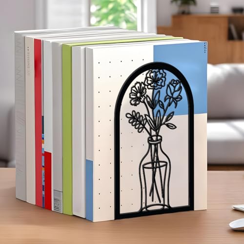 WADORN Flowers Metal Bookends for Shelves Decorative 1 Pair, Flowers Heavy Duty Books End Support Non-Skid Book Holders Black L-Shaped Book Stopper for Home Office Desk Books Divider, 4.7x3.5x7 Inch - color: Florals Vase