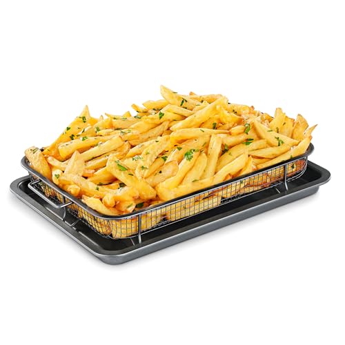 Bakken Swiss Air Fryer Tray, 2 in 1 Nonstick Crisper Air Fry Basket w/Elevated Mesh Great for Oven, Dishwasher Safe – Ceramic Coating PTFE/PFOA/PFOS FREE Extra-large (9.5"x13", Gray) - color: Gray, size: 9.5" x 13"