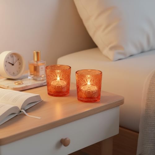 6 Pack Mandala Embossed Glass Candle Holders – Votive Tealight Holders with Patent Design, Decorative Embossed Glass Cups for Wedding Centerpieces, Parties, and Home Décor (Pumpkin Spice) - color: Pumpkin Spice