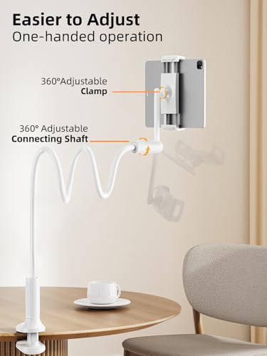 SAIJI Gooseneck Tablet Holder for Bed, One-Hand Adjustable, 47" Length, Upgraded Base, iPad Holder Stand Flexible Lazy Arm, Compatible with iPad/iPhone/Kindle/Switch or Other 4.7-13" Device (White) - color: Light White