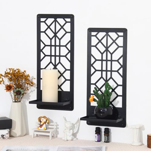 2 Pcs Black Metal Wall Art Bathroom Decor Candle Holder Wall Art Retro Line Wall Decor Living Room Minimalist Metal Wall-Mount Candle Sconces for Dining Room Bedroom Kitchen (Black-Retro)