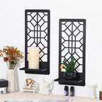 2 Pcs Black Metal Wall Art Bathroom Decor Candle Holder Wall Art Retro Line Wall Decor Living Room Minimalist Metal Wall-Mount Candle Sconces for Dining Room Bedroom Kitchen (Black-Retro)
