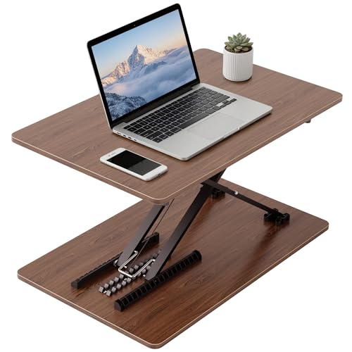 Standing Desk Converter Adjustable Height, 25.16" × 15.75" Height Adjustable Desktop Riser, No Assembly Required, Desktop Workstation for Laptop, Monitor and Office Use (Natural Wood) (Natural)