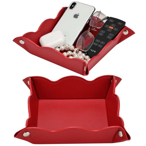 Valet Tray for Men Women 2 Pack - PU Leather Travel Catchall Tray Organizer - Desk Bedside Nightstand Storage Box for Jewelry Key Phone Remote Controller Wallet Watch Glasses Readers -Red - color: Red