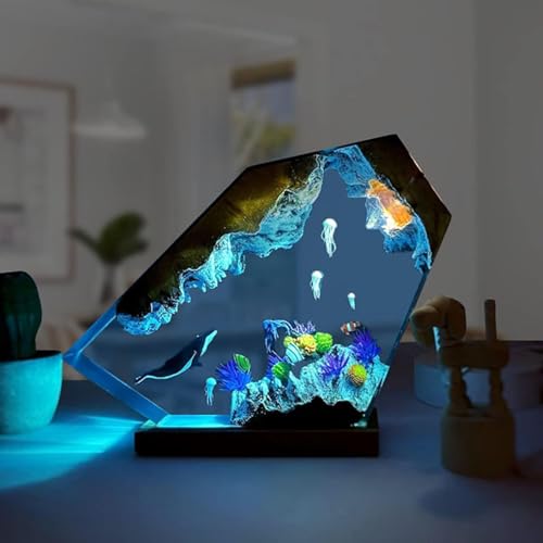 Ocean Creative Epoxy Resin Wood Light Lamp, Handmade Multi Color Aquatic Ocean Lamp Deep Sea Diver Cave Diving Enthusiasts Led Night Light Desktop Decor Christmas Birthday Gift (Jellyfish, S) - color: Jellyfish