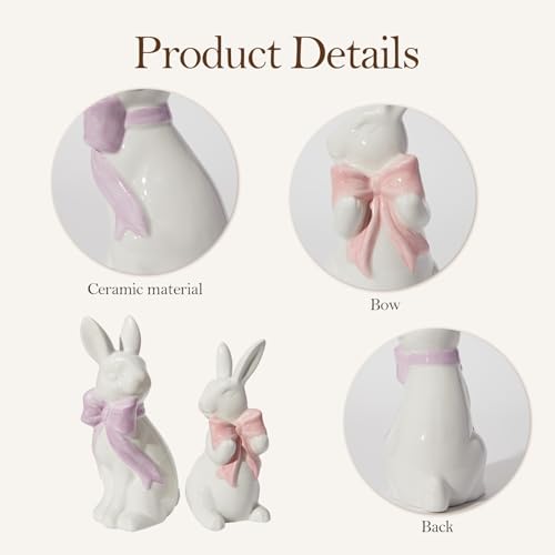 WDS WONDROUS 2PCS Easter Decoration Bunny Decor - Spring Easter White Rabbit Sculpture, Ceramic Statues with Bow for Farmhouse Home Decor Tabletop Shelf Mantel Dining Table Centerpiece