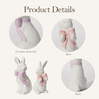 WDS WONDROUS 2PCS Easter Decoration Bunny Decor - Spring Easter White Rabbit Sculpture, Ceramic Statues with Bow for Farmhouse Home Decor Tabletop Shelf Mantel Dining Table Centerpiece