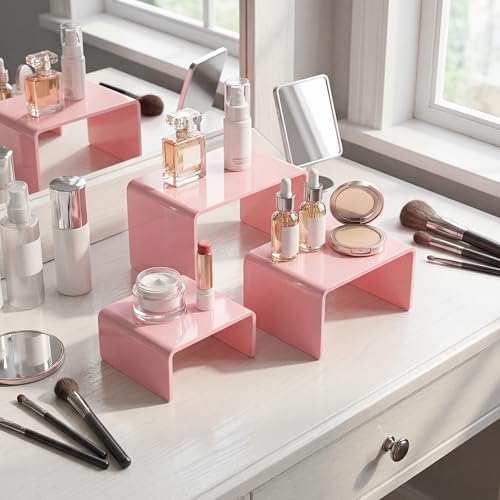 Chuangdi 2 Sets Acrylic Display Risers, Product Stand, Jewelry Display Riser Shelf Showcase Fixtures for Dessert Cupcake Candy Figure Treat Action Showcase(Pink,Small Set) - color: Pink, size: Small Set