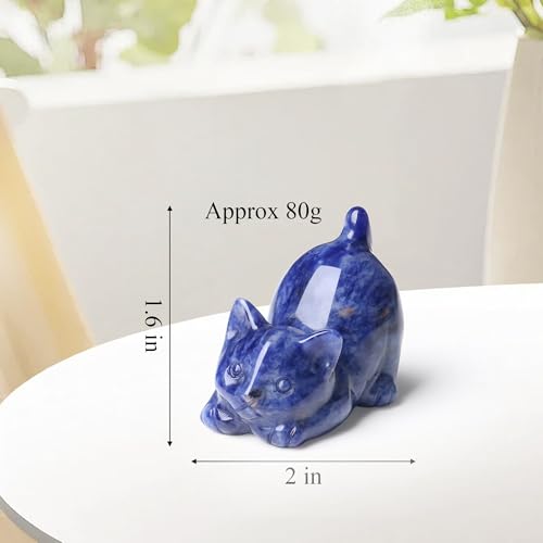 2" Blue Sodalite Cat Crystal Statue Carved Healing Stone Natural Figurines for Gemstones Home Room Decor Carved Handcrafted Cute Statue Lazy Sculpture Kitten Gifts for Cat Lovers Women - color: Blue-sodalite