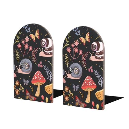 Decorative Bookends 2 Pcs Colored Autumn Mushroom Butterfly Snails Wood Bookends for Shelves Heavy Books Kids Non-Skid Book Ends Stoppers for Office Desk Kitchen School - color: Colored Autumn Mushroom Butterfly Snails