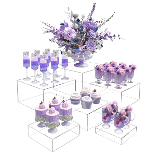 Buffet Risers, Food Display Risers for Party, Crystal Clear Acrylic Risers Display Stand for Buffet Table, Catering Displays for Dessert, Cube Box Nesting Riser with Hollow Bottom - color: 5"x6"x7"x8"x9"x10" 6PCS Clear