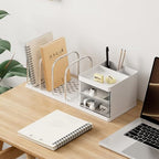 Desk Organizer with Bookends, Desktop Storage Box with 2 Drawers 3 Top Compartments and 4 Bookends, Multi-Functional Desk Accessories Organizer for Home Office School Supplies (White)