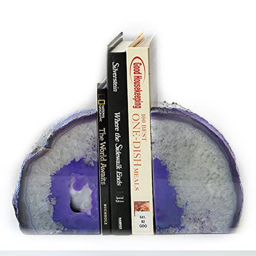 JIC Gem Purple Agate Bookends Geode Book Ends Heavy Duty Crystal Bookends Decorativer with Rubber Bumpers (1 Pair, 4-6 LBS) - color: Purple Dyed, size: 4-6LBS.
