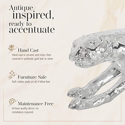 Standing Gilt Leopard Statue, Prowling Pose, Hand-Cast Ceramic/Resin, 22 Inches Long, Silver
