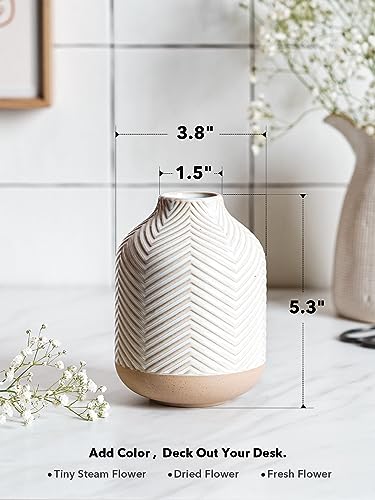 Small Boho Vase for Decor,Rustic Farmhouse Vase for Pampas Grass,Eucalyptus Set and Tiny Stem Flowers,Ceramic for Centerpieces, 5.3 Inch,Wave-Arctic White - style: Wave