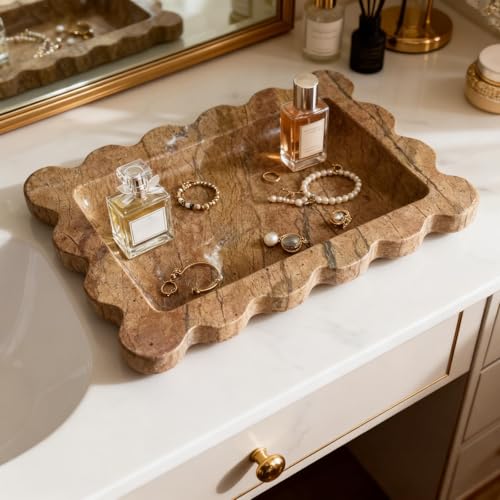 Natural Samll Marble Tray 6.3"x4.7",Rectangle Scalloped Tray for Women Home Décor (Rainforest Brown) - color: Rainforest Brown