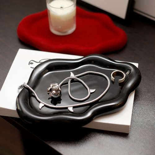 Jewelry Dish Trinket Tray for Women, Ring Dish Holder, Unique Cloud Shape Ceramic Plate Cute Things Vanity Aesthetic Room Decor Mother's Day Birthday (Balck) - color: Balck