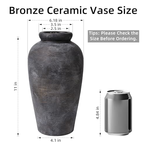Starttag Large Ceramic Rustic Vase, 11 inch Farmhouse Flowers Tall Vase Vintage Texture Pottery Floor for Indoor Table, Centerpieces, Living Room Home Decor, Bronze - color: Bronze