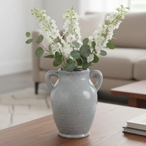 Sunddo Blue Ceramic Vase with 2 Handles, Modern Pottery Flower Vase, Texture Decorative Vases for Pampas Grass, Farmhouse Decor, Centerpiece for Dining Table Console Shelf Bookshelf Mantle - color: Light Blue - 8, size: 8 Inch
