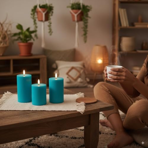 VENTA Turquoise Flameless Pillar Candles, Set of 3 (4" 5" 6") | Realistic Flickering Teal LED Candles with Remote & Timer | Perfect for Coastal, Boho & Modern Home Decor - color: Turquise Ribbed