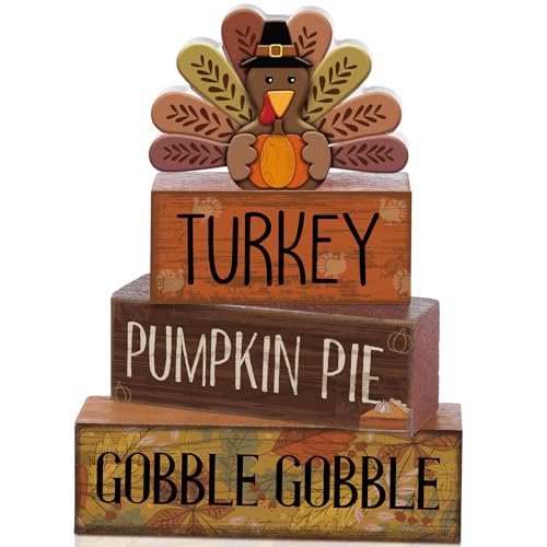 Lineshading 4 Pcs Thanksgiving Decorations for Home Wooden Turkey Decor Fall Tiered Tray Decor Thanksgiving Table Centerpiece Rustic Wooden Turkey Block Sign for Autumn Harvest Party Kitchen Shelf - style: Classic Turkey