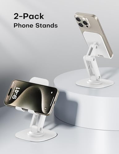 OMOTON Cell Phone Stand for Desk, 2 Pack Adjustable Foldable Phone Holder, 360 Swivel Mobile Stand Fit for iPhone 17 16 15 14 13 Pro Max and All Smart Phones, White & White - color: White & White