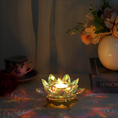 OwnMy Crystal Lotus Flower Tea Light Holder Votive Candle Stand with Gold Metal Base, AB Color Glass Lotus Tealight Candlestick Holder Candle Lamp for Table Centerpiece Wedding Decor