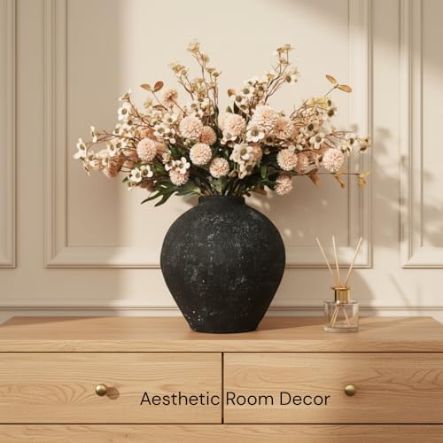 Handmade Large Rustic Ceramic Vase 10.6 inches Tall, Farmhouse Stone Decor, Big Black Round Vase Living Room Home Decor, Earthy Textured Large Vases for Centerpieces Console Table - color: Black