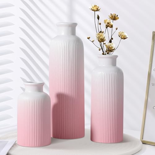 Small Gradient Pink Ceramic Vase Set of 3, Boho Modern Flower Vase Room Decor, Farmhouse Decor, Vases for Your Kitchen, Bathroom, Bedroom, Living Room, Office&Shelf Centerpiece Table Decorations - color: Gradient Pink