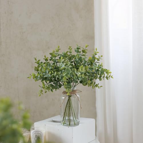Zheart Fake Eucalyptus Stems in Glass Vase with Faux Water,14" Artificial Plants Eucalyptus Leaves for Shelf Desk Bathroom Farmhouse Room Coffee Table Home Decor (Sage Green)