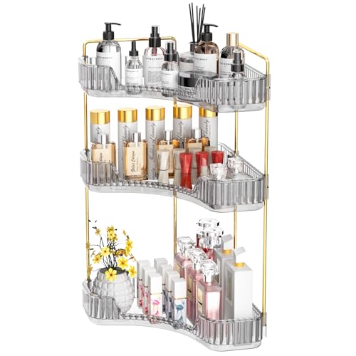 GTI 3-Tier Corner Bathroom Counter Organizer, Large Capacity Makeup Organizer Countertop, Perfume Cosmetics Skincare Vanity Organizers, Exquisite Countertop Storage for Women (Gray) - color: Grey, size: 10" x 10" x 17.5"