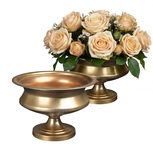 WORTH Gold Color Urn Vase Set of 2 for Centerpieces, 8" H. x 11.8" Dia. Classic Metal Trumpet Small Flower Pot for Table, Bowl Vase for Wedding Party Event Home Decor - color: Gold, size: Short - 2 Pack