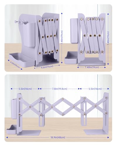 Honagu Adjustable Bookends, Metal Book Ends for Shelves Heavy Book, Bookend for Home, Office, Books, Papers, Book Stopper with Removable Hook, Pen Holder, Gifts for Students, Teachers（Light Purple） - color: Light Purple