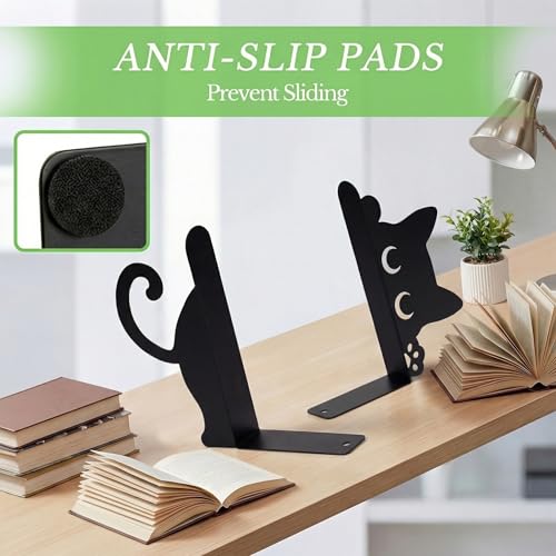 Sanwarm Metal Bookends Funny Black Cat Book Ends Decorative Bookend for Home Office Library Desk Book Shelves Decor, Gift for Reading Enthusiasts Non-Skid Book Stoppers Holder (1 Pair) - color: Cute Cat