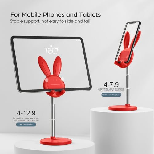 OATSBASF Cute Phone Stand, Pink Phone Stand with Bunny Desk Decor for Women as Pink Desk Accessories and Adjustable Cell Phone Holder for Desk Compatible with All Mobile Phones (Red) - color: Red