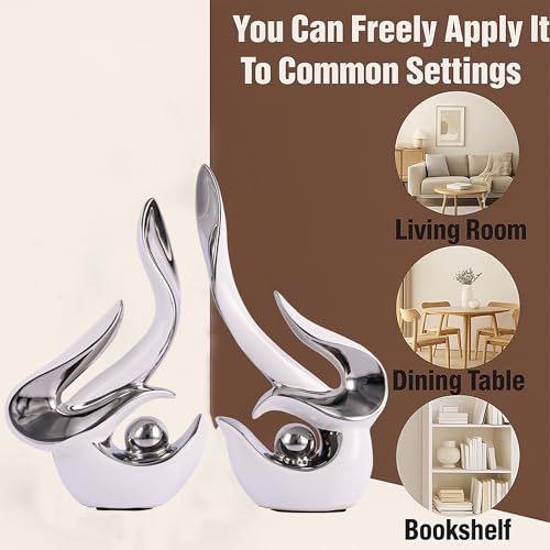 WUBIANJIE Mid Century Modern Abstract Art Home Decor Accent,Porcelain Statues for Living Room Coffee Table Centerpieces for Dining Room,Ceramic Sculptures and Gold Knick Knacks - color: White Silver