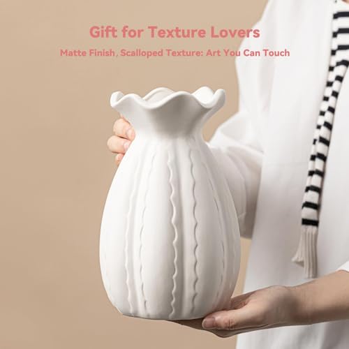 White Ceramic Vase with Ruffled Rim & Scalloped Texture - 8.5" Unique Flower Vase for Pampas Grass & Centerpieces, Decorative Boho/Farmhouse Vase for Living Room, Office Desk & Gift for Her/Yourself
