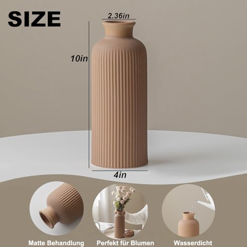 Coffee Ribbed Ceramic Vase for Flowers, Large Modern Textured Decorative Vase, 10 Inch Tall, Farmhouse Style Home Decor (Coffee) - color: Coffee