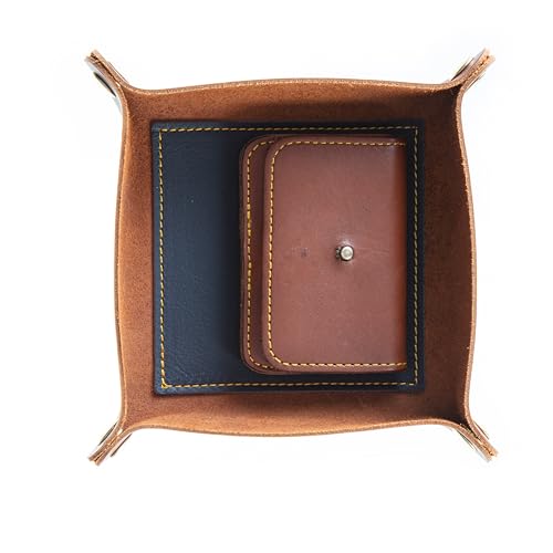 USA Handmade Premium Leather Valet Tray, Folds Flat! Dice Rolling Basket and Organizer with Brass Snaps (Chestnut and Blue Gold, Medium) - color: Chestnut and Blue Gold, size: 5" x 5" x 2"