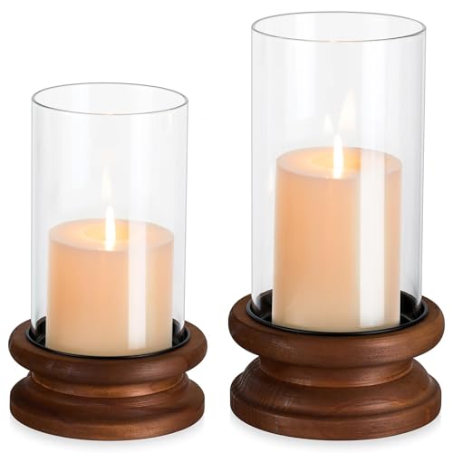 Hewory Hurricane Glass Candle Holder: 2PCS Rustic Brown Candle Holders for Pillar Candles, Vintage Decorative Wood Stand with Clear Glass Cover for Weddings Christmas Table Centerpiece Home Decor - color: Brown