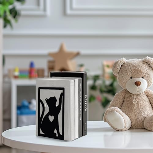 Peacoblue Metal Bookends for Shelves, Study Cast Iron Cute Cats Rustic Book Stoppers Support Holder Bookends Used on Desk, Shelf, Farmhouse Room for Small Heavy Duty Books 4.7"x3.5"x7", 1 Pair(Cats) - color: Cat