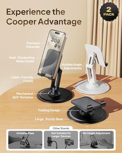 COOPER 360° Stand, [Gift Family Pack], Rotating Cell Phone Stand for Desk, Cell Phone Holder for Desk, iPhone Stand Holder, Sturdy Metal Base, Fits Samsung, Android Smartphones, (Piano Black, 2-Pack) - color: x2 Pack - All Black
